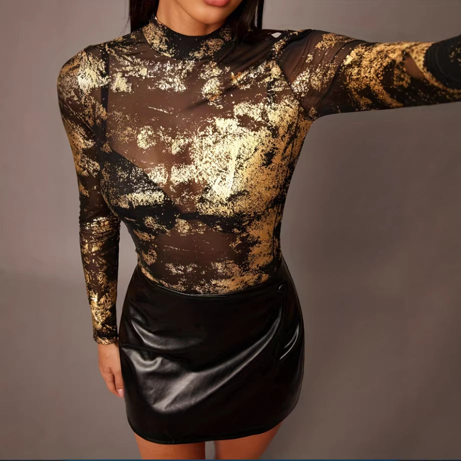 Womens Sexy Mesh Long-Sleeve Top