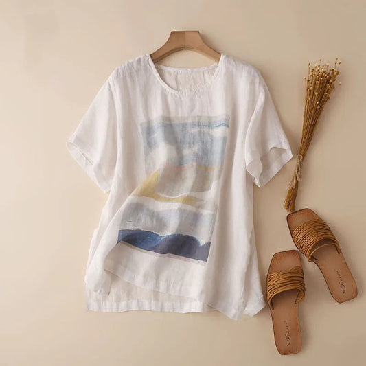 Cotton And Linen T-shirt Women's Loose Large Print Short Sleeve