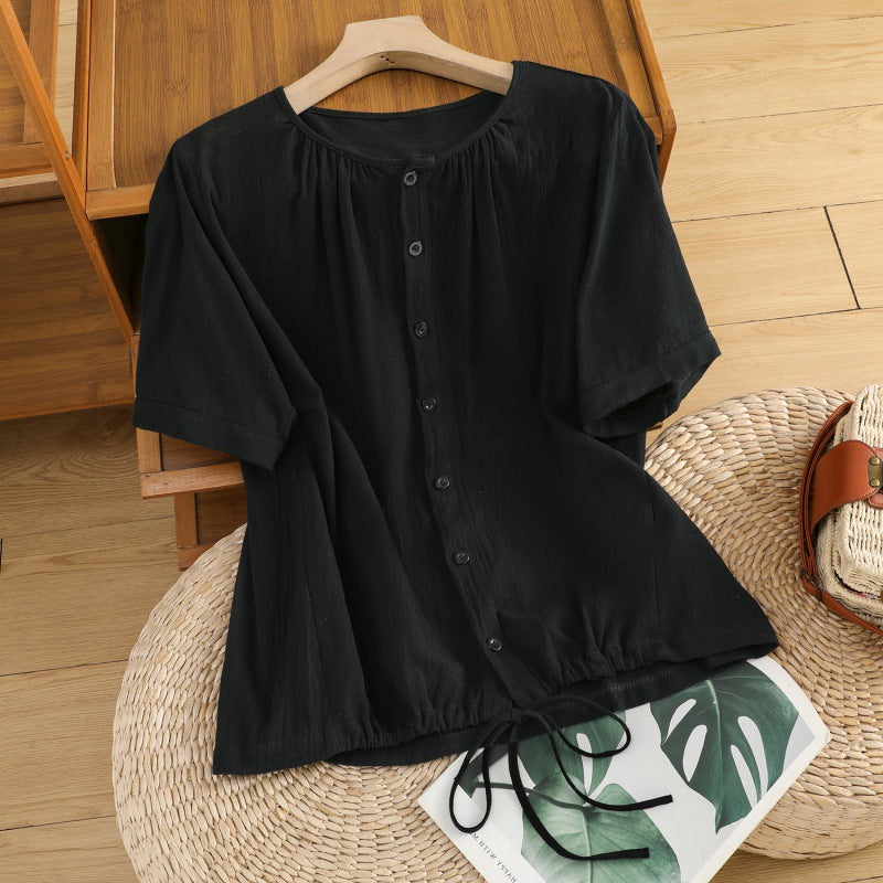 Womens Retro Drawstring Swing Sand-Washed Linen Top With A Crew Neck