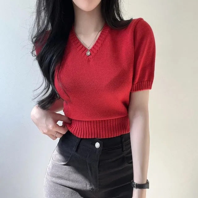Simple V-neck Solid Color Short-sleeved Sweater Casual Short Top