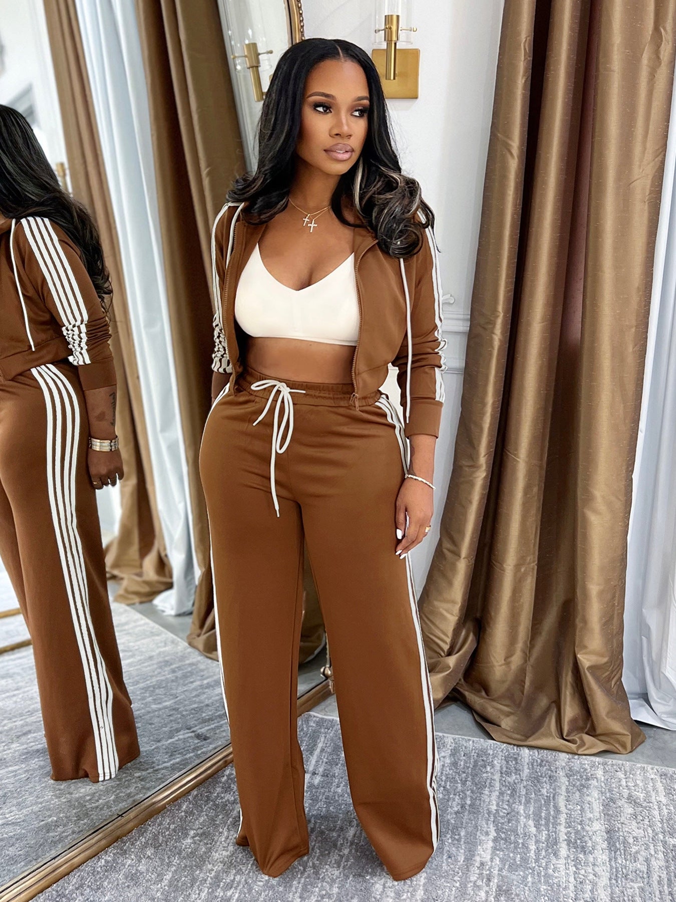 Womens Fashionable Casual Striped Outerwear Set
