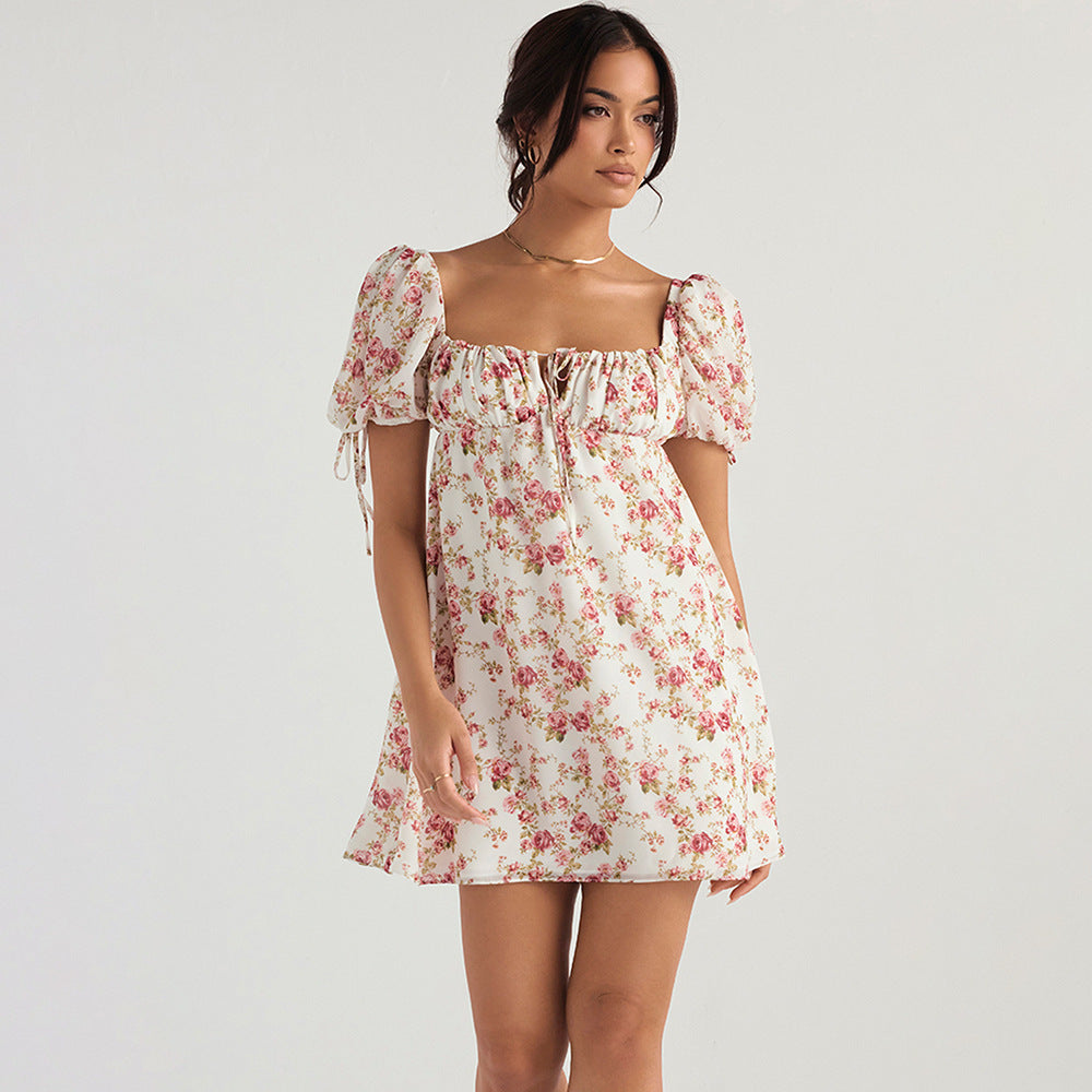 Fashionable Lace-Up Square-Neck Short-Sleeve Mid-Length Backless Dress