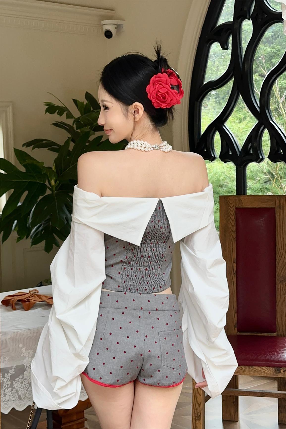 Off-shoulder Strap Top With Puff Sleeves, Womens Chic Slim-fit Shorts Set