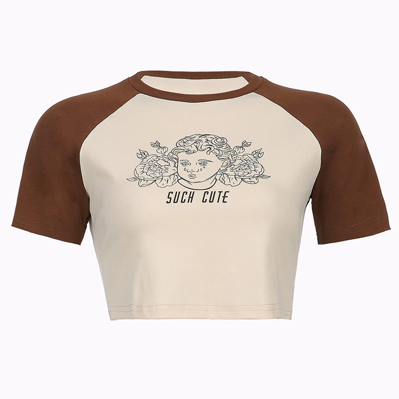 European And American Fashion Retro Round Neck Brown T-shirt