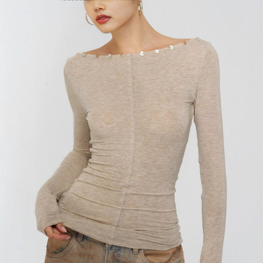 Reversible Button-front Off-shoulder T-shirt With A Slim Fit And Long Sleeves