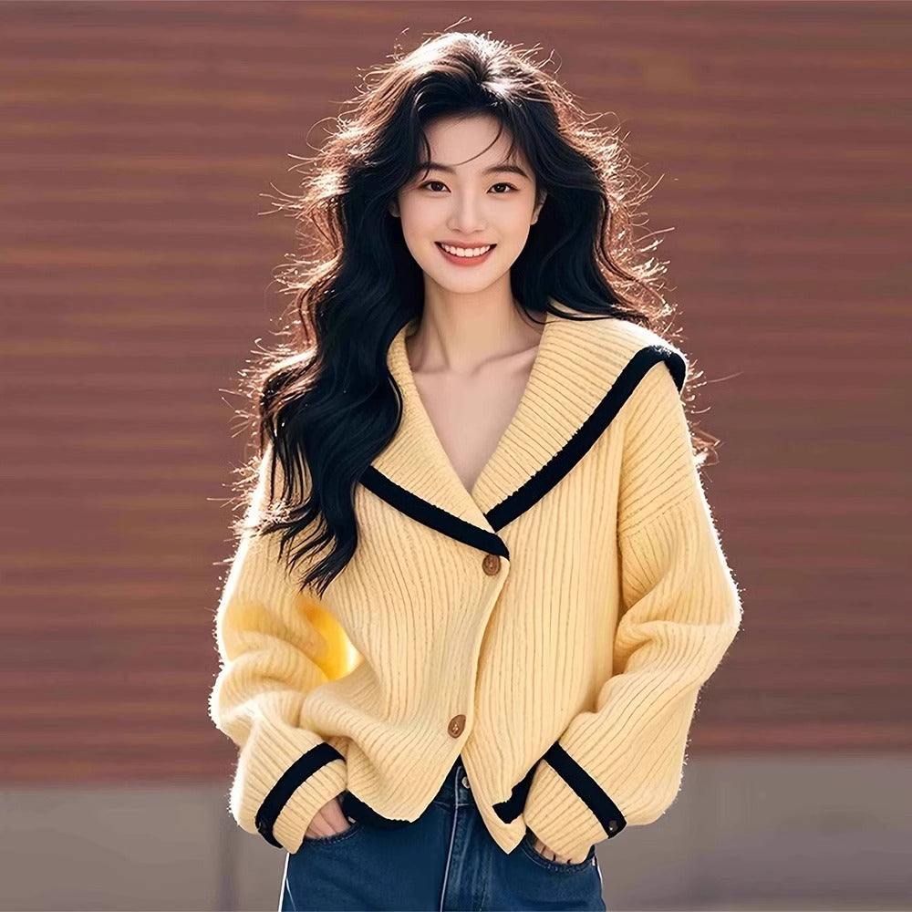 V-neck Loose Long Sleeve Knitted Outerwear Lazy Sweater