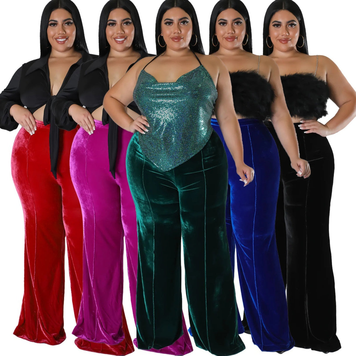 Women's Patchwork Fleece Flared High Waist Casual Pants