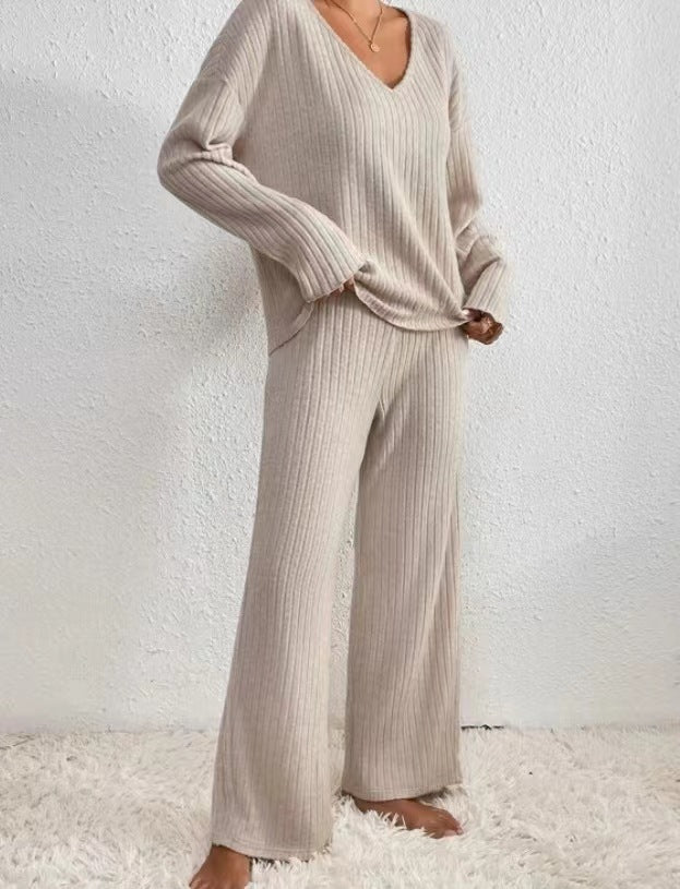 Casual Straight-leg Pants With A Loose V-neck Ribbed Knit Set