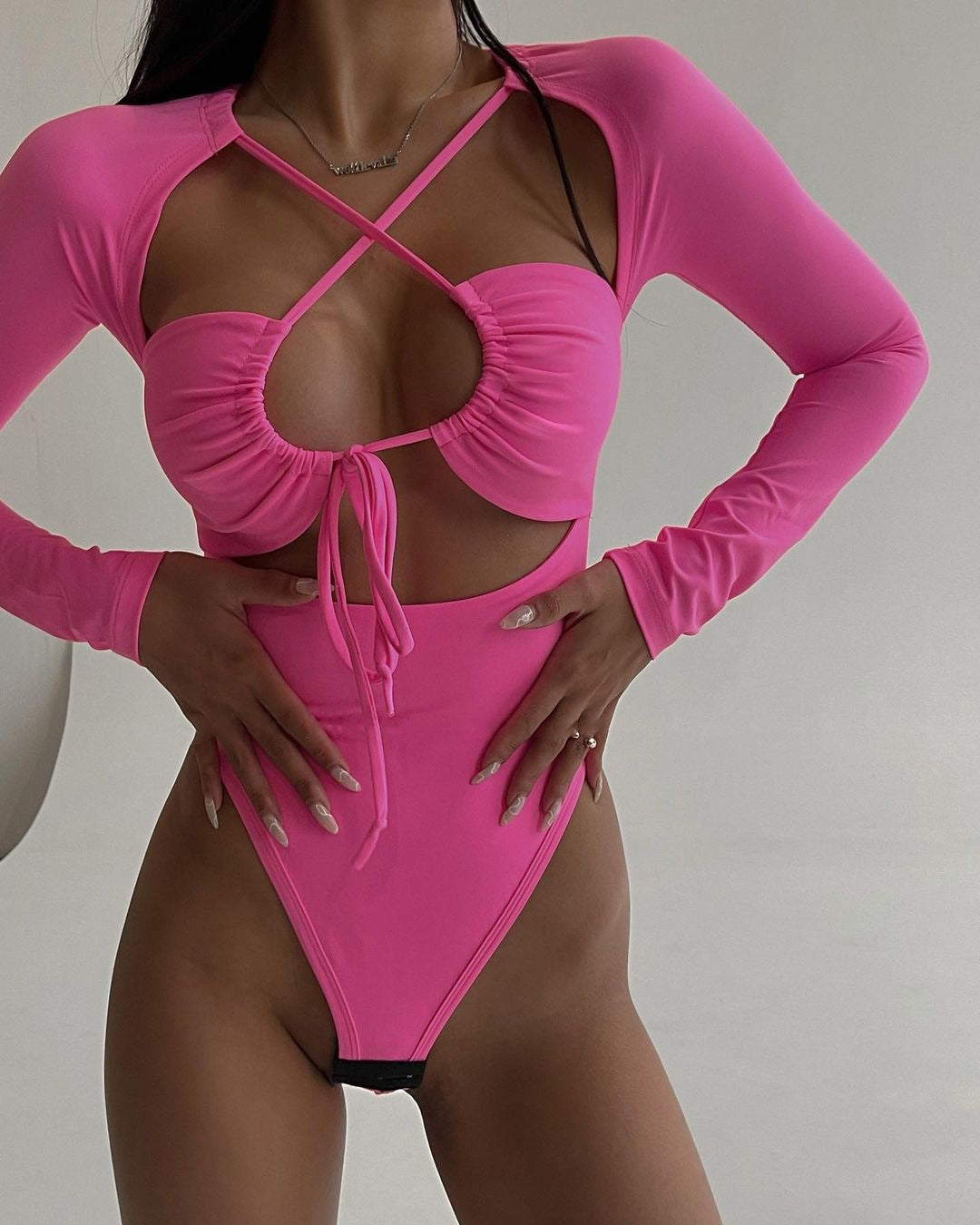 Hollow Out Strap Slim Fit Temperament Pure Color Long Sleeve Jumpsuit