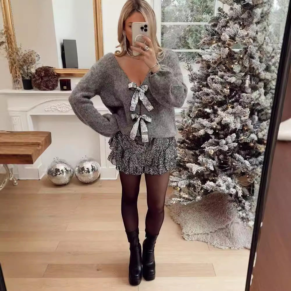Women's Sequined Bowknot Decoration Loose Knitted Sweater