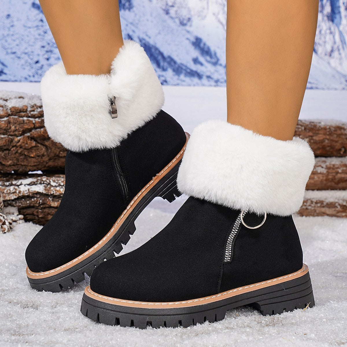 Thick Sole Side Zipper Fashion Simple Furry Casual Cotton Boots For Women