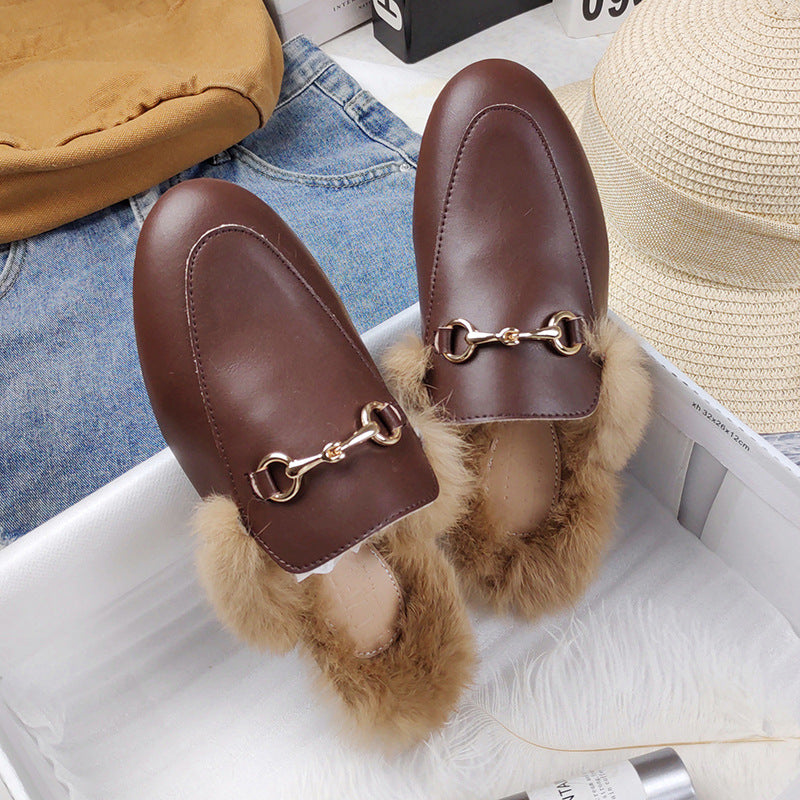 Rabbit Fur Fleece Toe Half Slippers Women All Match Flat Bottom