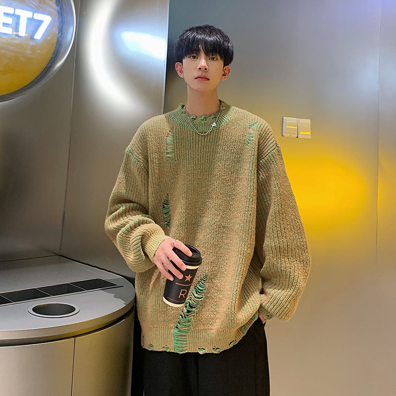 Ripped Round Neck Sweater Men Loose Street