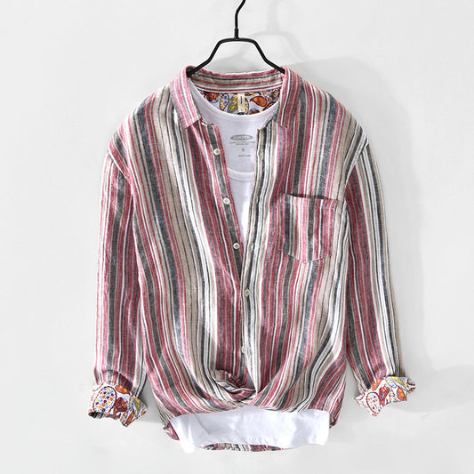 Spring And Summer New Men's Casual Linen Striped Shirt