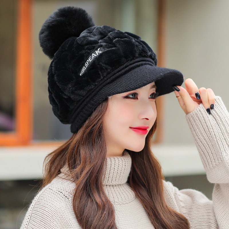Rabbit Fur Warm Peaked Cap Cute Winter Fur Ball Cold Protection Hat