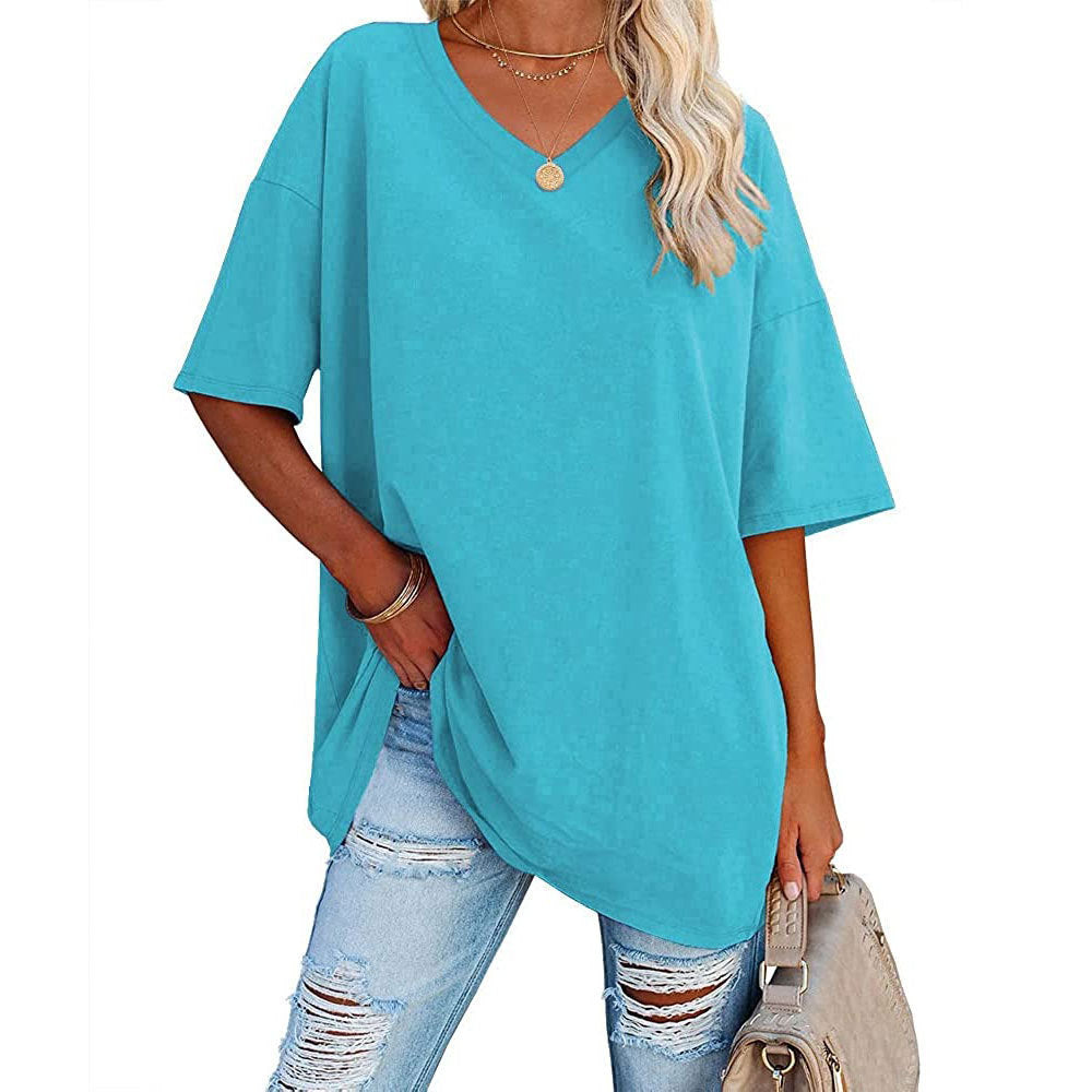 European And American Women's Loose Short-sleeved V-neck T-shirt