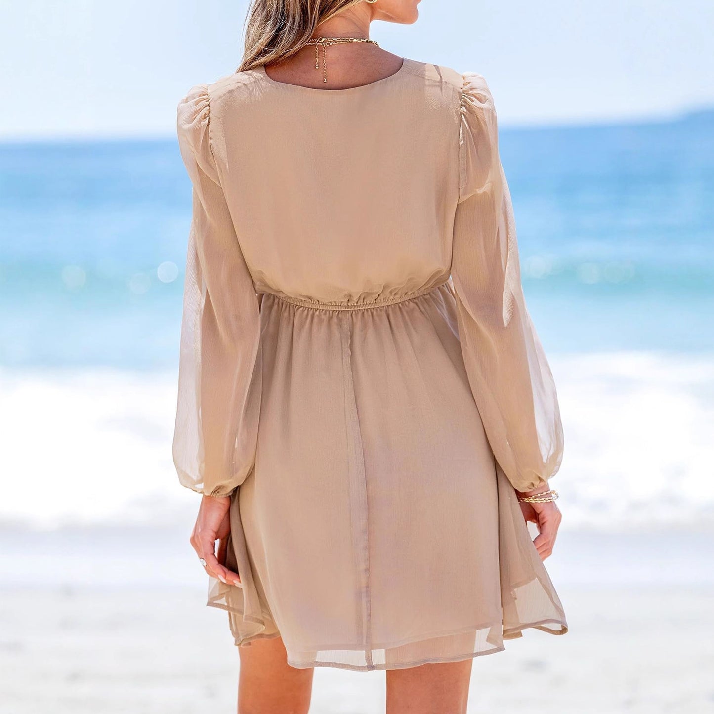 AutumnWinter Solid Color Casual Mesh V Neck Long Sleeve Dress Womens