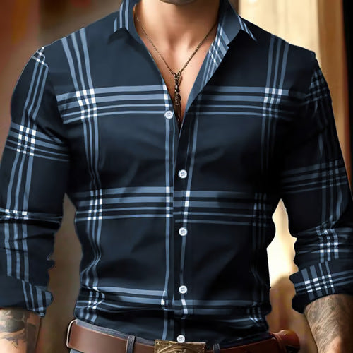 Digital Printing Striped Plaid Men's Long Sleeve Shirt