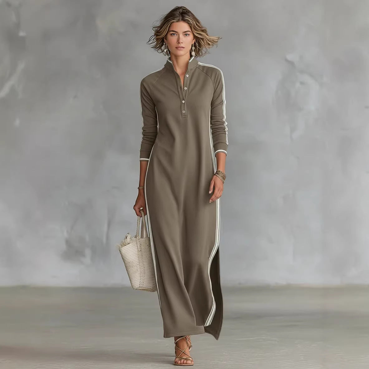 Womens Minimalist White-Bordered Buttoned Stand-Collar Sweater Dress
