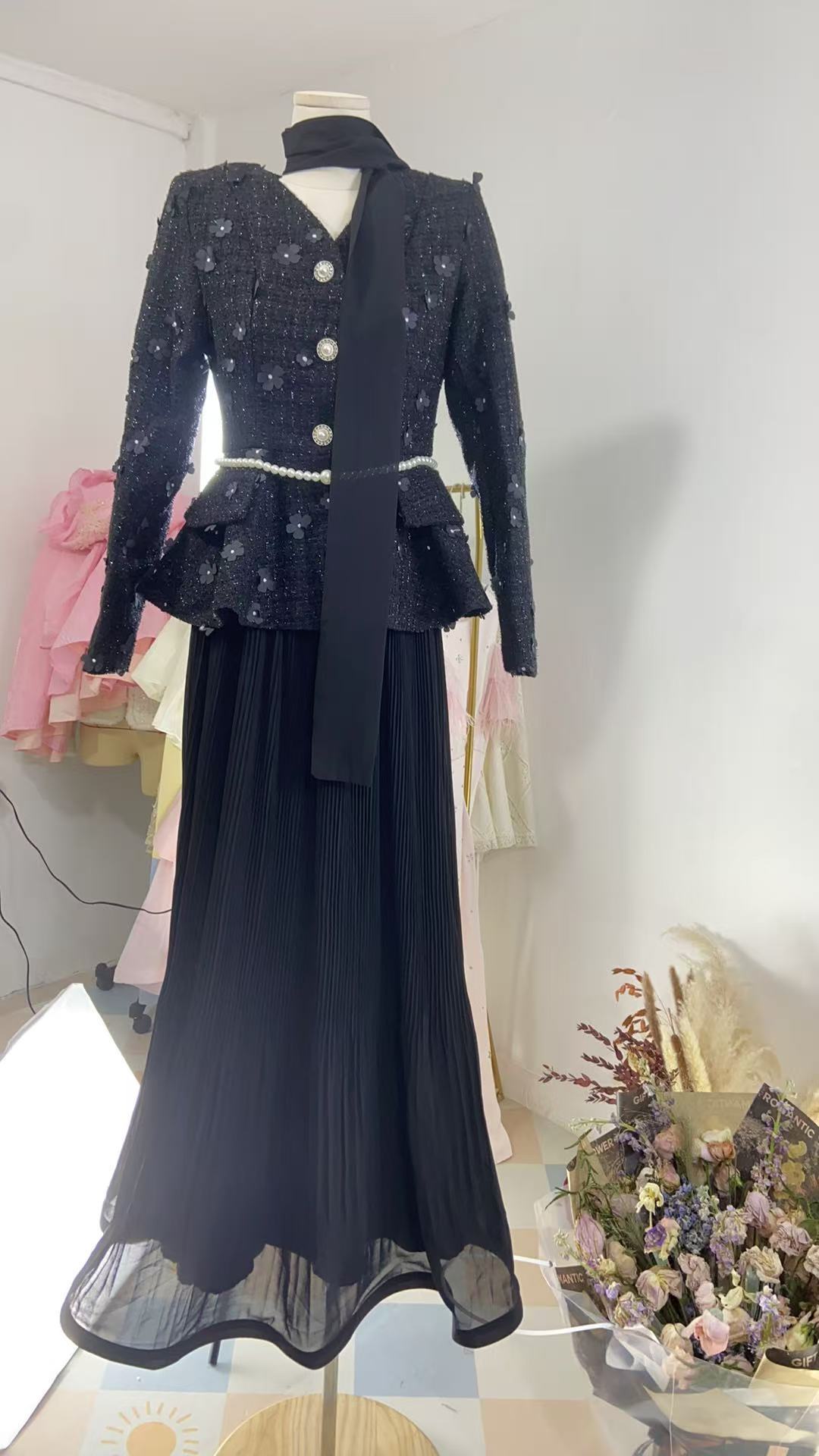 Chanel-style Pearl And Butterfly Jacket With Pleated Skirt Set