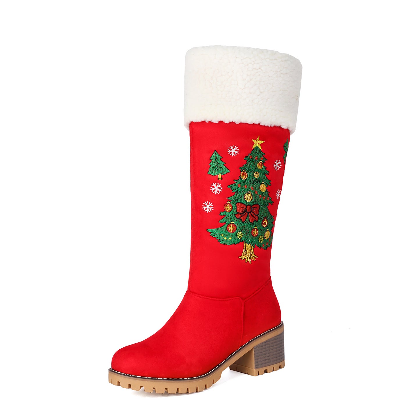 Womens Embroidered Colorblock High Boots With Christmas Tree Design