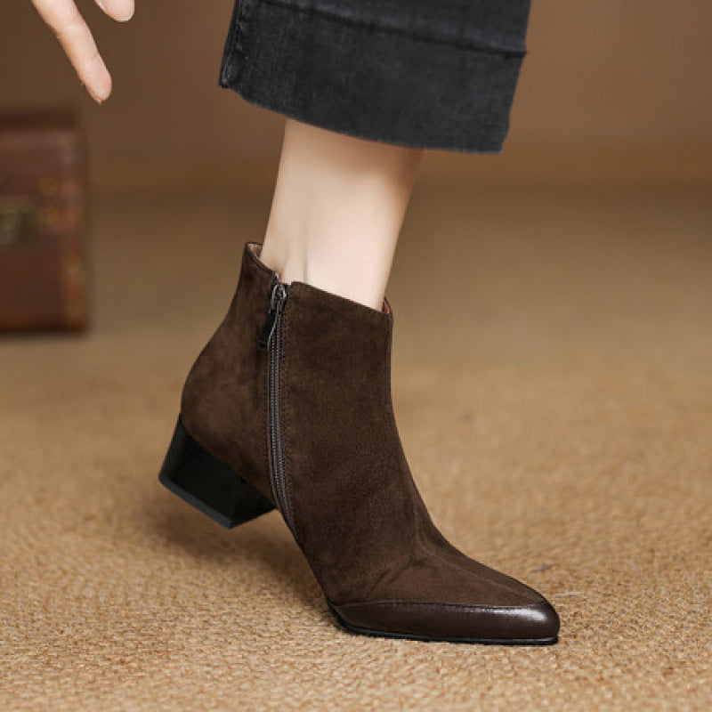 Microsoft Sheepskin New Women's Martin Boots Large Size Pointed Suede Leather Chunky Heel