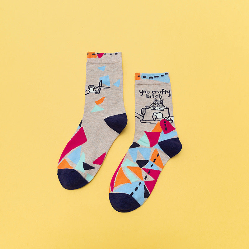 Personality Contrast Color Graffiti Women's Tube Socks Street Style Fashion Cotton Socks