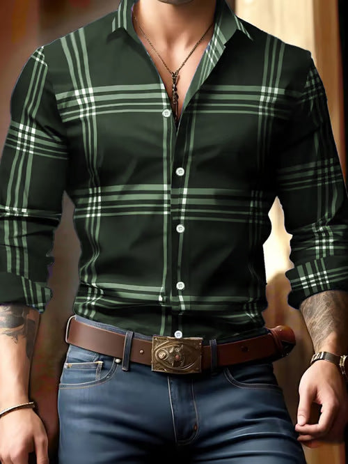 Digital Printing Striped Plaid Men's Long Sleeve Shirt