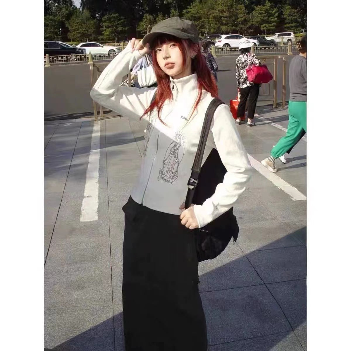 White Stand Collar Virgin Printed Sweater Women's Top