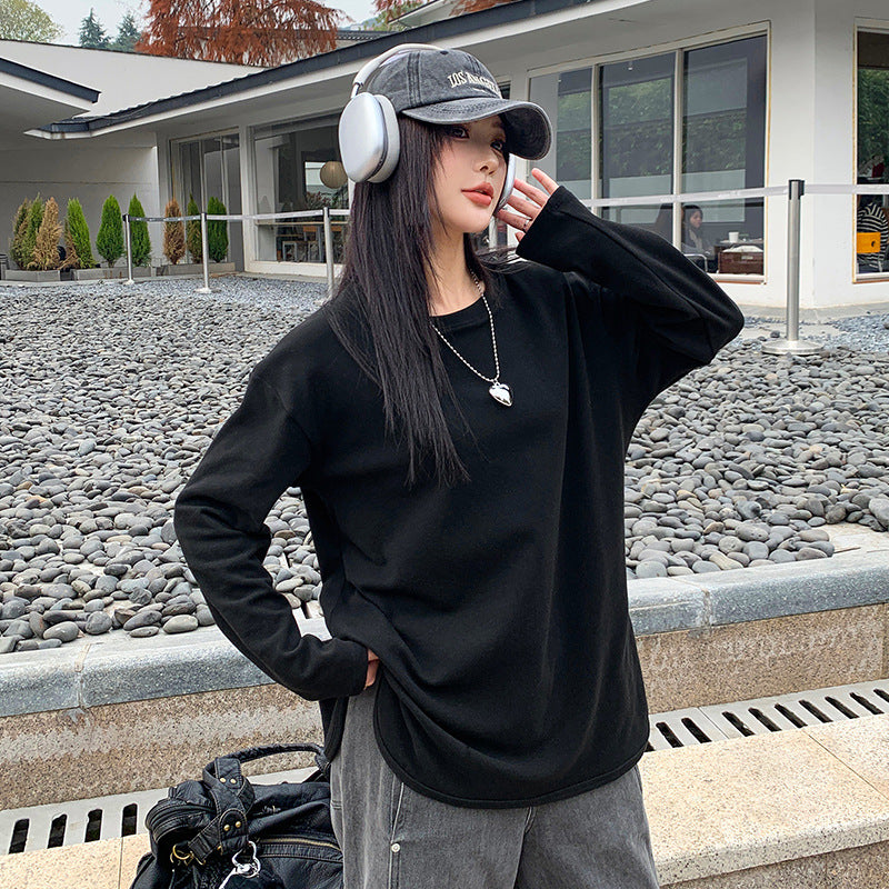 Curved Split Long Sleeve Simple Loose Plus Size Top