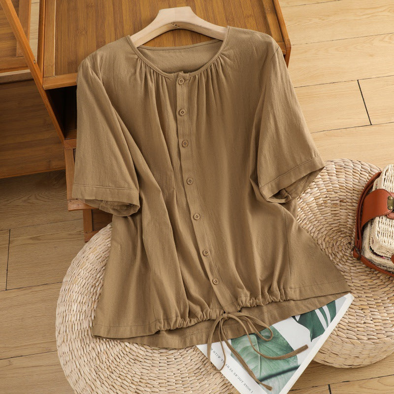 Womens Retro Drawstring Swing Sand-Washed Linen Top With A Crew Neck