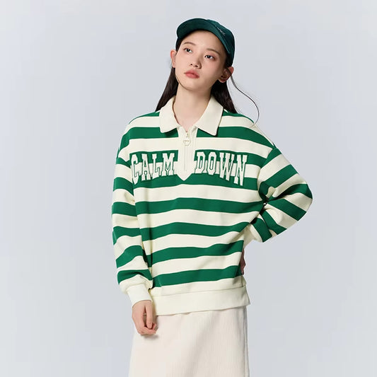Polo Collar Alphabet Embroidery Half Zipper Velvet Hoodie