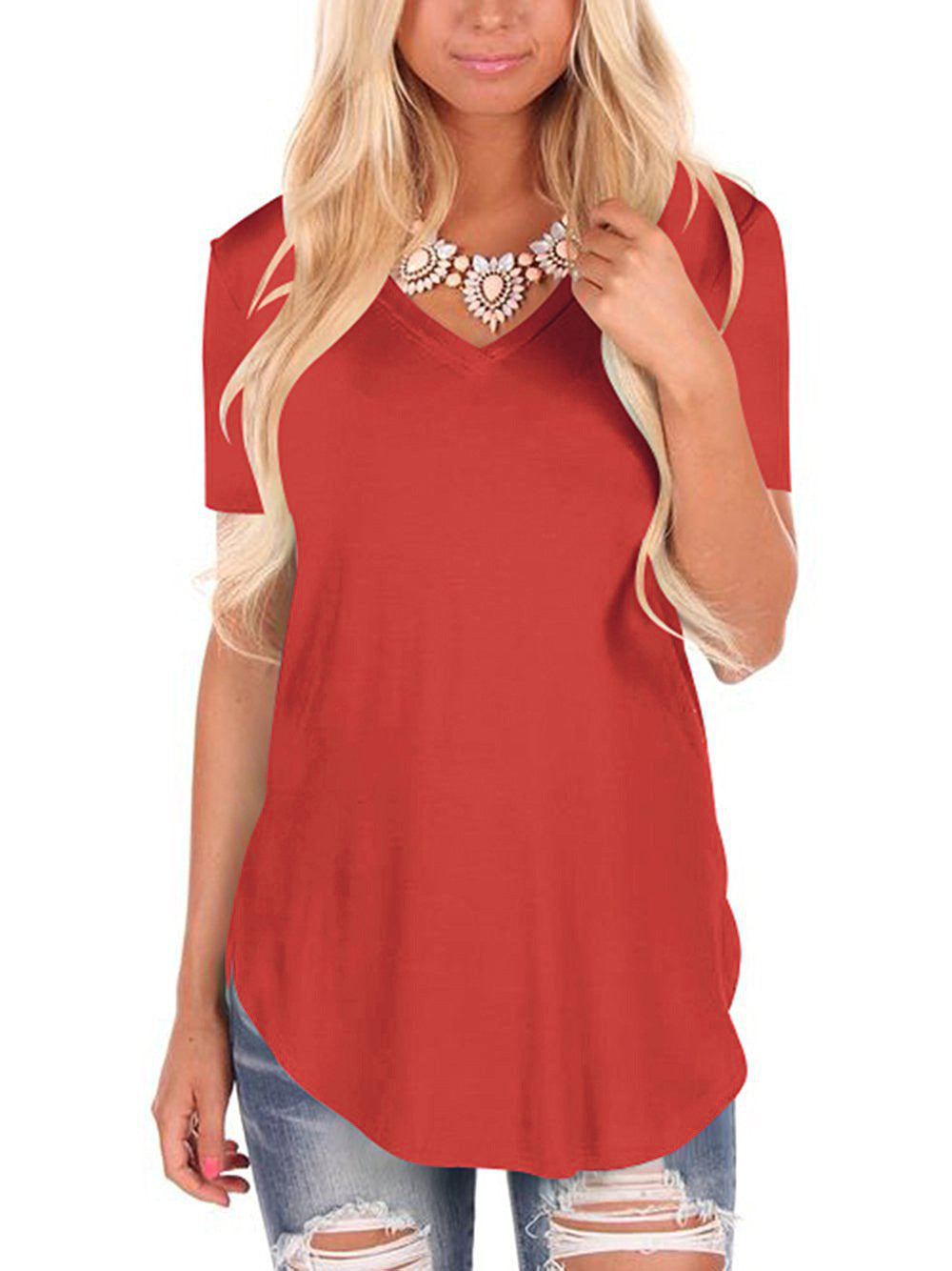 V-neck Knitted Solid Color Top Plus Size Loose Short Sleeve