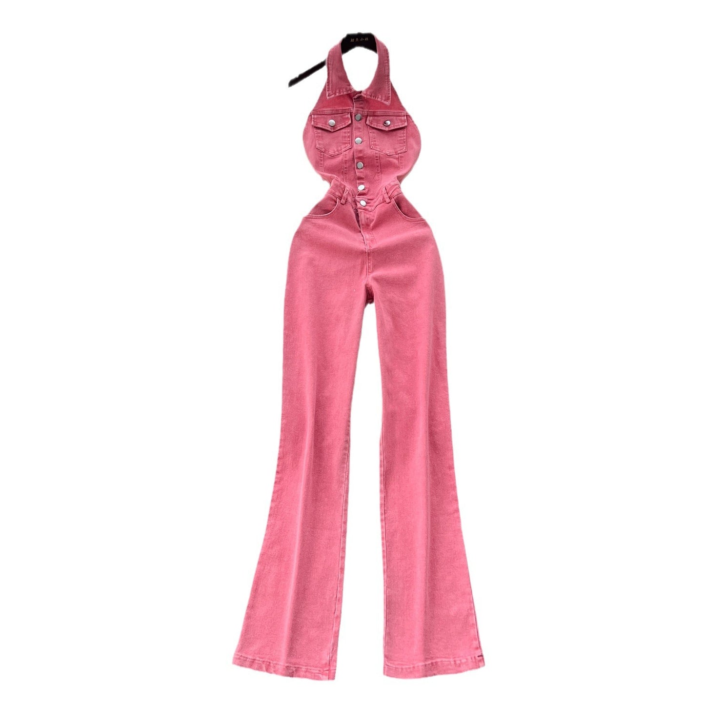 Single-breasted High Waist Slimming Slim Fit Backless Denim Jumpsuit