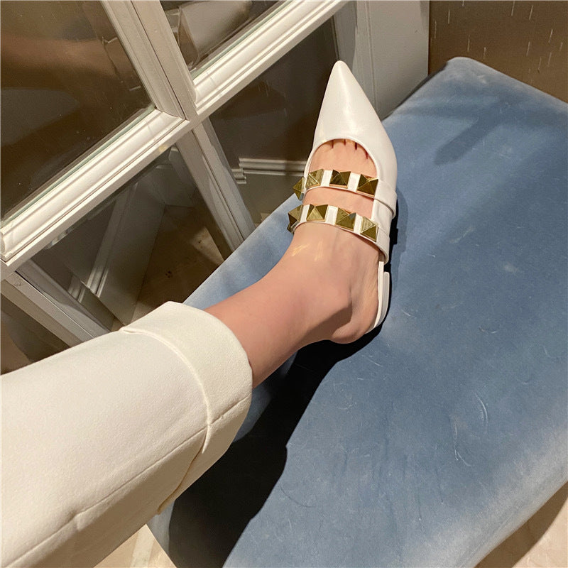 Baotou Half Drag Fashion Mellemhælede Tykhælede Lazy Shoes Net Infrarød Brug Sandaler Og Hjemmesko Kvinder