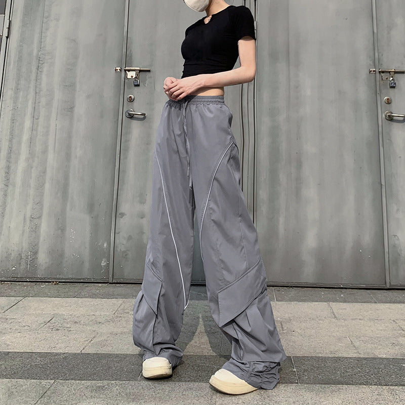 Women's Large Pocket Pleated Drawstring Elastic Lace Casual Pants