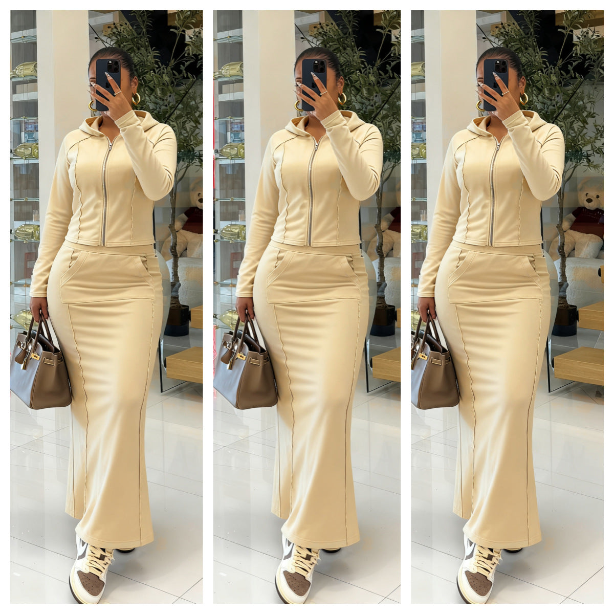 Stylish Solid-Color Hooded Slit Skirt Two-Piece Set