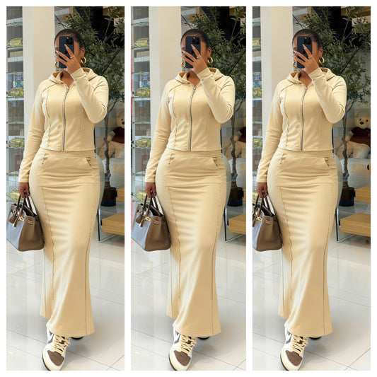 Stylish Solid-Color Hooded Slit Skirt Two-Piece Set