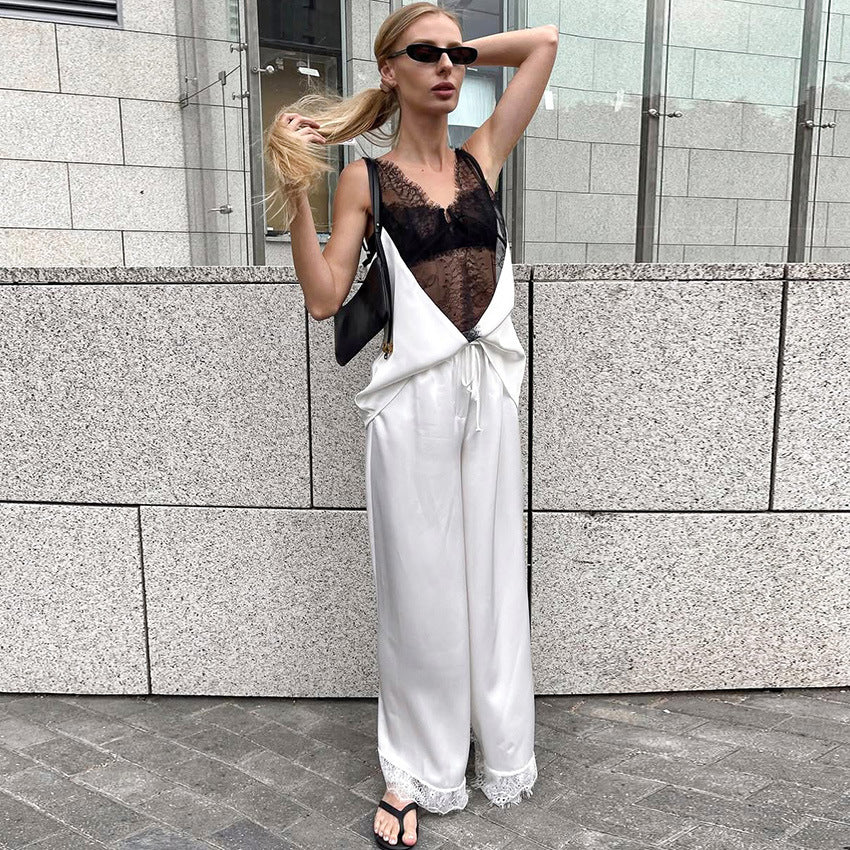 Womens Lace Color-Block Camisole And Draping Straight Pants Fashionable Casual Set