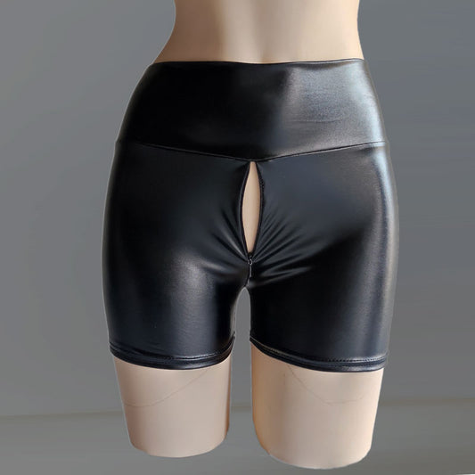 Leather Shorts Invisible Zipper Crotch Patent
