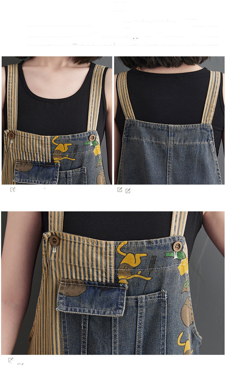 Women's Loose Plus Size Cartoon Print Denim Overalls
