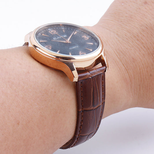 Double Click Elastic Butterfly Clasp Top Layer Cow Leather Watch Strap