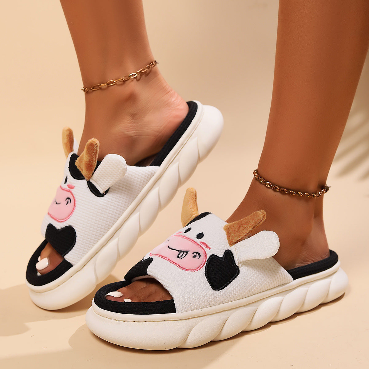 Cute Cow Linen Shit Feeling Interior Non-slip Deodorant Outer Wear Platform Slippers