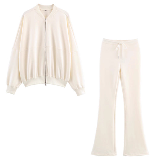 Womens Pilot Jacket Double-Face Fabric Flare Pants Casual Trendy Set