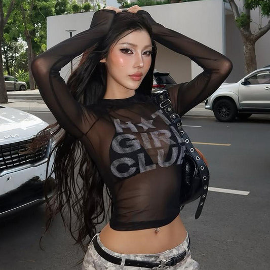 New Womens Fashion Short Top With A Round Neck Floral Print And Sheer Mesh Design