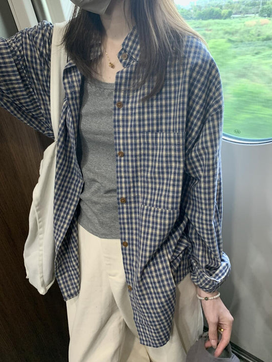 Blue Plaid Women's Loose Long-sleeved Shirt