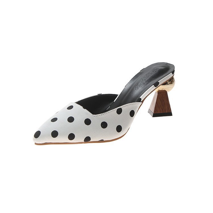 Metal Round Buckle Small Square Toe Small Wave Dot High Heels