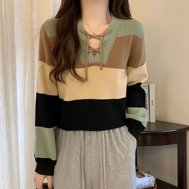 V-collar Contrast Color Short Long-sleeved Sweater Women's Striped Binding Rope Slimming Slim Fit Petite Top