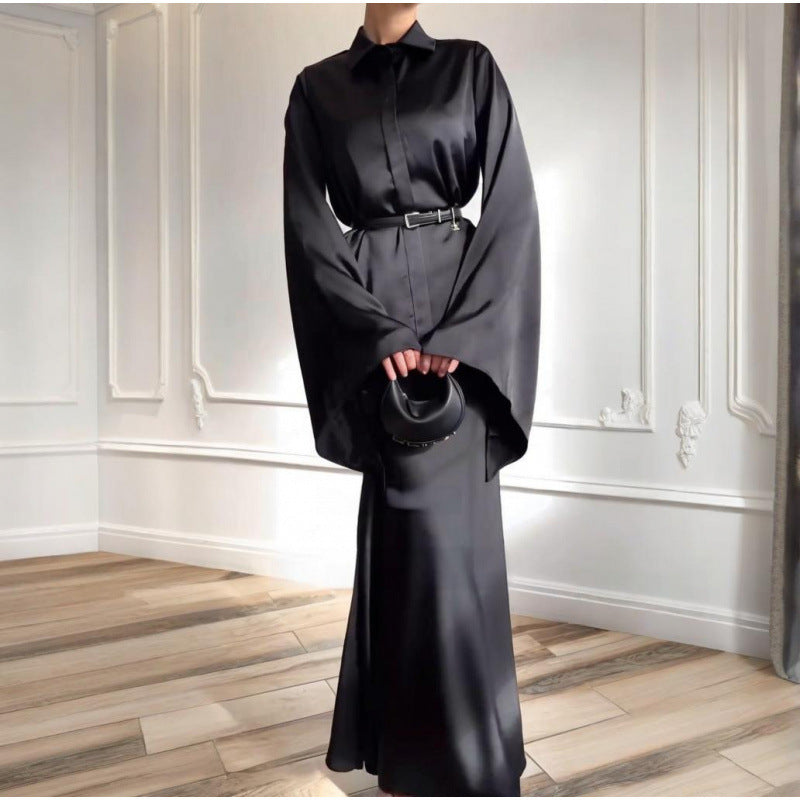 Notch-collar Satin Shirt With Flared Sleeves Paired With A Bodycon Skirt For Women