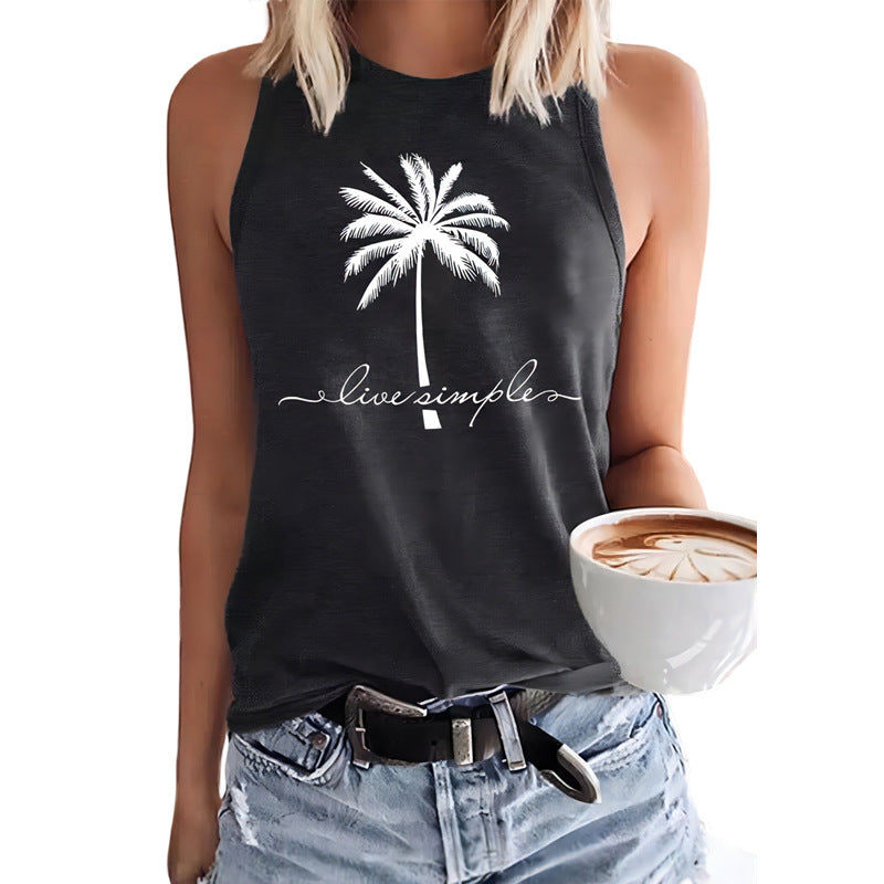 Kokospalme Print Rund Hals Afslappet Ærmeløs T-shirt Damevest